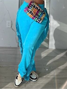 Minaa Monroe Bright Turquoise Fringe Straight-Leg Pants - Women